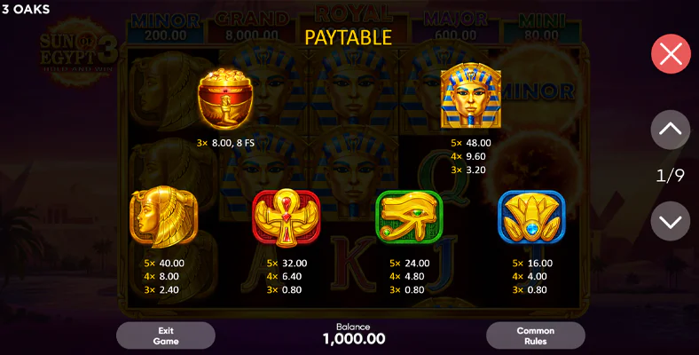 Screenshot of the payout table in Sun of Egypt 3 pokie
