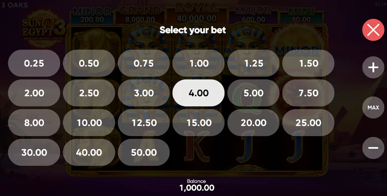 Screen of selecting the bet amount in Sun of Egypt 3 pokie