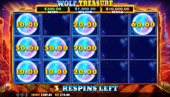Screenshot of the bonus game in online pokie Wolf Treasure